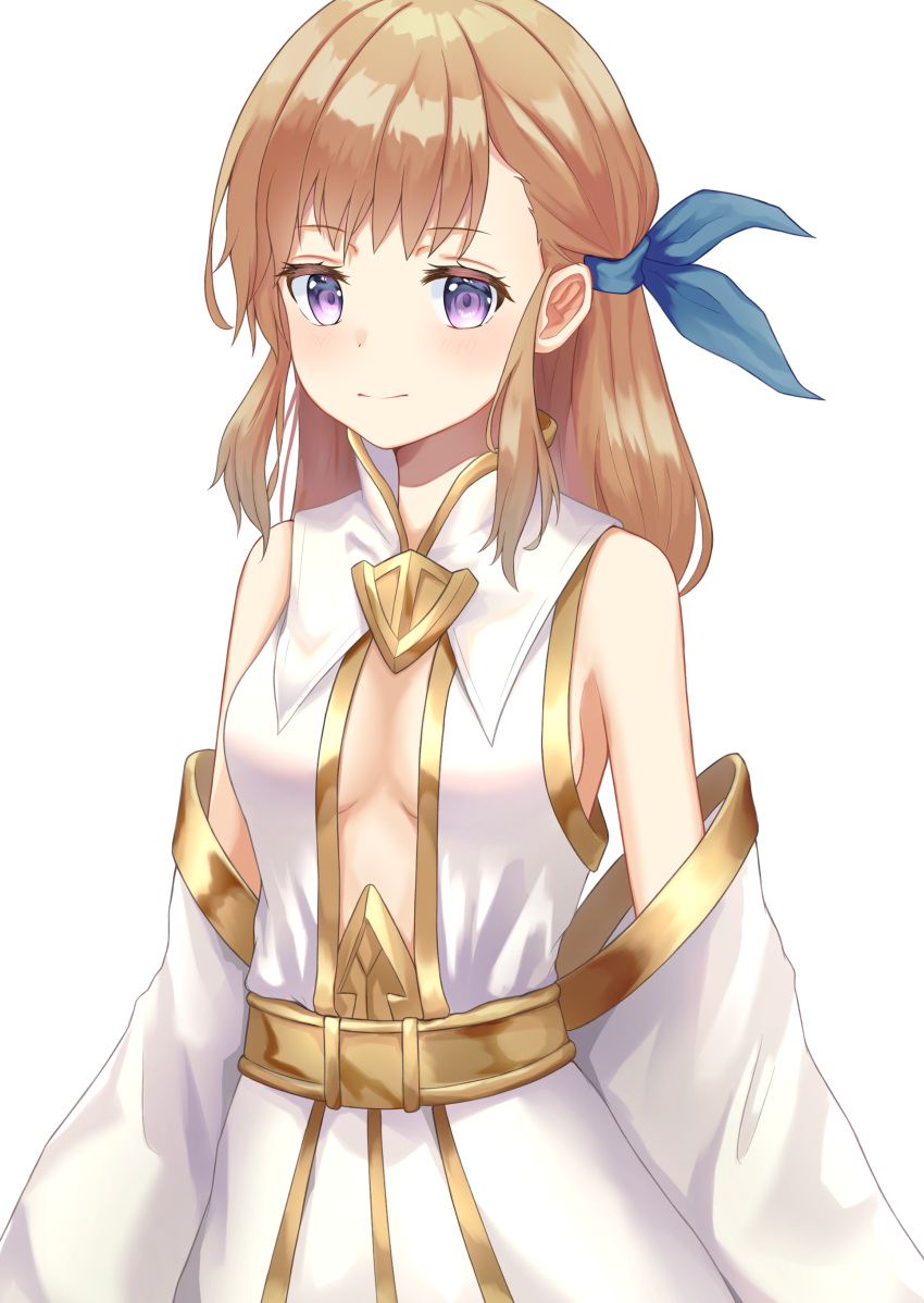 1girl absurdres blush bow breasts brown_hair detached_sleeves gold_trim hair_bow highres light_smile long_hair looking_at_viewer mistover ribbon shands sidelocks simple_background small_breasts smile solo standing stella_(mistover) violet_eyes white_background