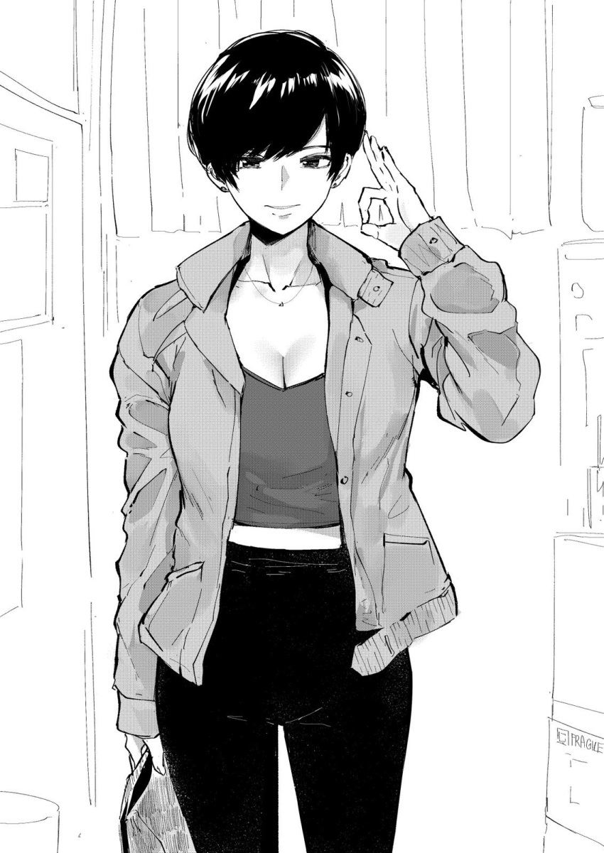 1girl bag bangs breasts casual commentary earrings english_commentary hand_gesture handbag highres jacket jewelry large_breasts midriff monochrome necklace norman_maggot olive_laurentia open_clothes open_jacket original pants pixie_cut short_hair solo stud_earrings swept_bangs