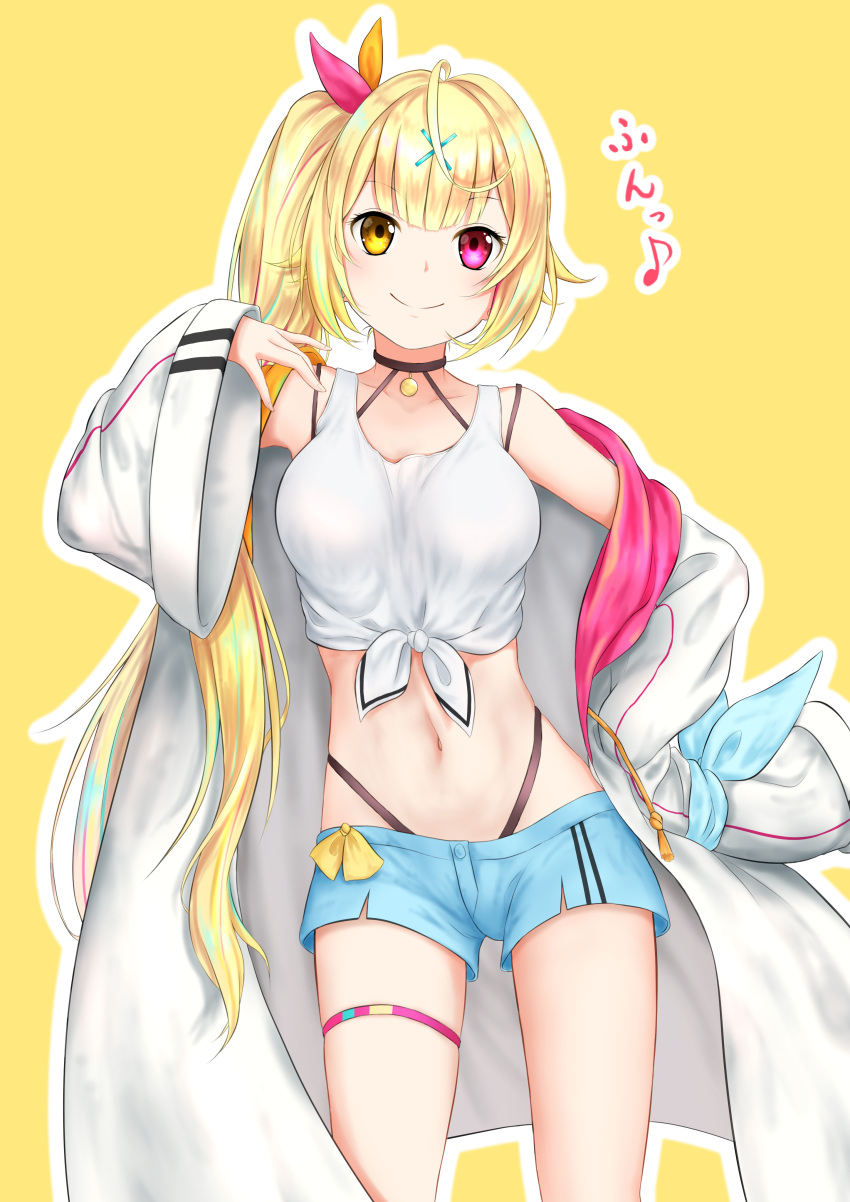 1girl absurdres ahoge bare_shoulders blonde_hair blue_shorts breasts closed_mouth cowboy_shot crop_top front-tie_top hair_ornament hair_ribbon halterneck hand_on_hip heterochromia highleg highres hoshikawa_sara jacket long_hair long_sleeves looking_at_viewer medium_breasts mee_0w0 midriff multicolored_hair musical_note navel nijisanji off_shoulder open_clothes open_jacket red_eyes ribbon shirt short_shorts shorts side_ponytail sleeveless sleeveless_shirt smile solo streaked_hair tank_top thigh_strap thighs very_long_hair virtual_youtuber white_jacket white_shirt x_hair_ornament yellow_background yellow_eyes