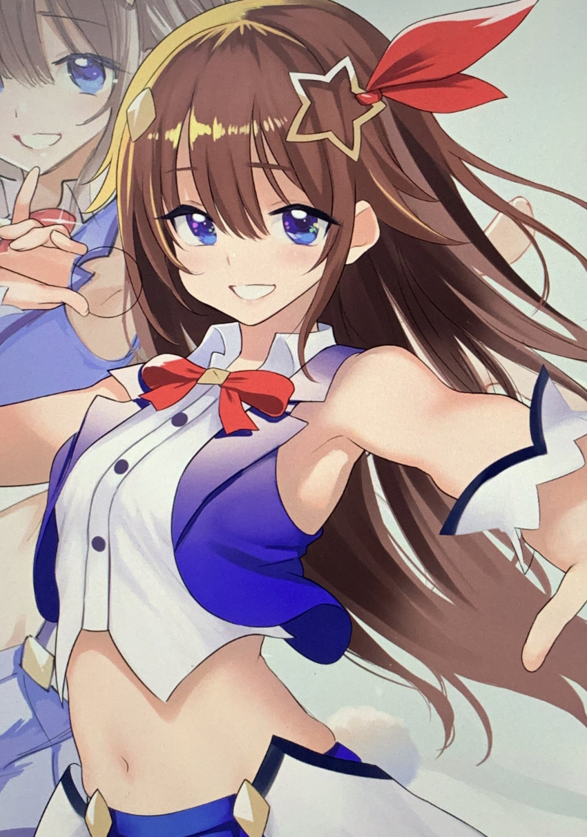 1girl :d armpits bare_shoulders blue_eyes blue_skirt blue_vest bow bowtie brown_hair buttons commentary_request crop_top hair_ornament highres holding hololive long_hair looking_at_viewer meme50 midriff navel open_mouth outstretched_arm shirt skirt sleeveless sleeveless_shirt smile solo star star_hair_ornament stomach tokino_sora tokino_sora_channel upper_body vest virtual_youtuber white_shirt wing_collar zoom_layer