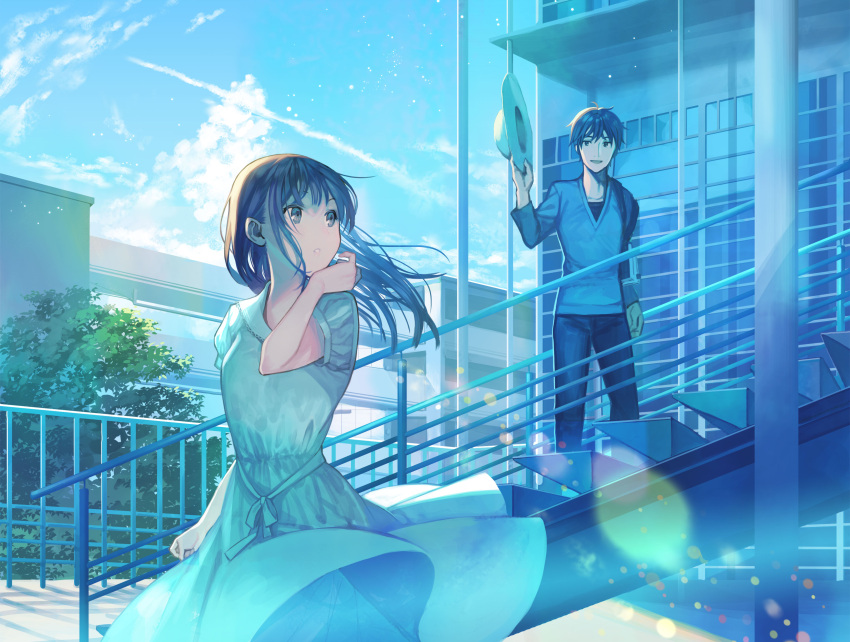 1boy 1girl absurdres building clouds condensation_trail dress hand_up hat highres holding holding_hat kururi light_particles long_hair looking_back original outdoors puffy_short_sleeves puffy_sleeves railing sailor_collar scenery short_hair short_sleeves sky stairs tree wind
