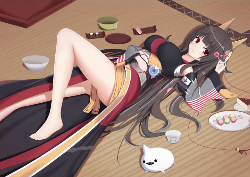 akagi_(warship_girls_r) animal_ears barefoot black_hair bowl breasts cake flower food fox_ears galo japanese_clothes large_breasts long_hair prinz red_eyes toes warship_girls_r