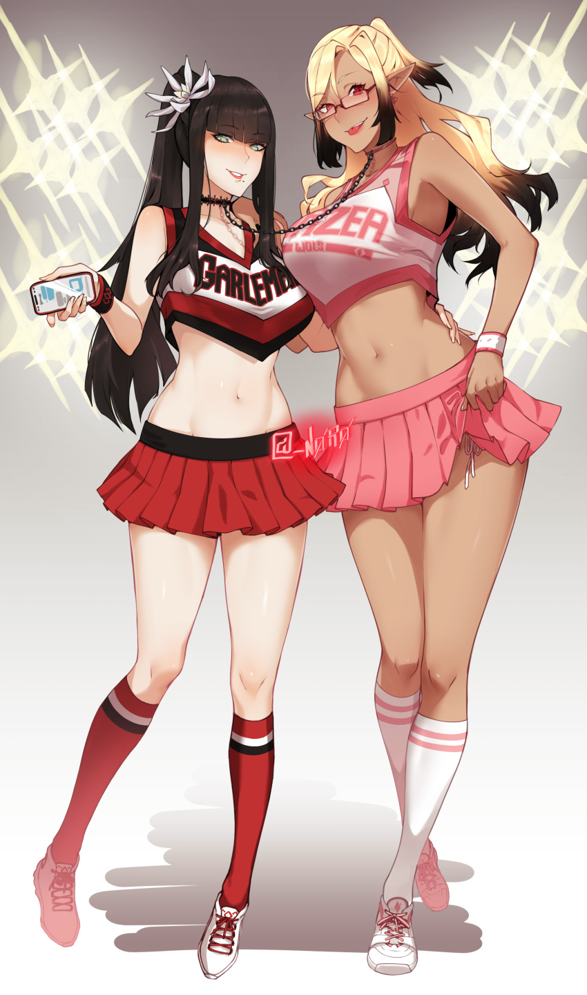2girls :p absurdres armpits bangs bar black_hair blonde_hair blunt_bangs blush breasts cellphone chain cheerleader choker earrings eyebrows_visible_through_hair final_fantasy final_fantasy_xiv flower glasses grin hair_flower hair_ornament hand_on_another's_hip highres jewelry kneehighs lifted_by_self looking_at_viewer midriff mole mole_under_mouth multiple_girls navel phone pleated_skirt ponytail red_eyes red_legwear shoes skelefuku skirt skirt_lift smartphone smile sneakers teeth tongue tongue_out white_legwear wristband yotsuyu_(ff14)