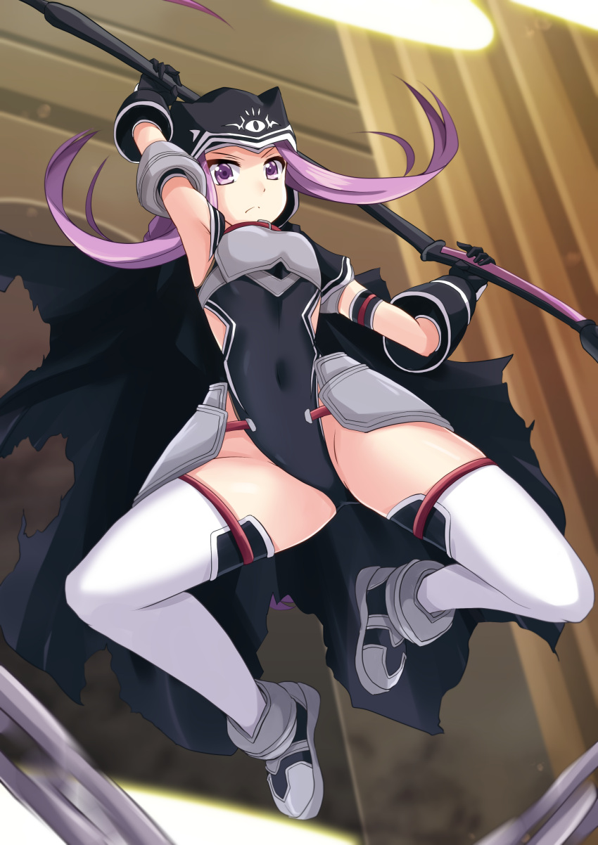1girl armor armpits ass_visible_through_thighs black_cape black_gloves black_leotard boots breastplate cape chain collar covered_navel cross_(crossryou) expressionless fate/grand_order fate_(series) full_body gloves highres hood jumping legs_apart leotard long_hair medusa_(lancer)_(fate) purple_hair scythe solo thigh-highs thigh_strap violet_eyes weapon white_legwear