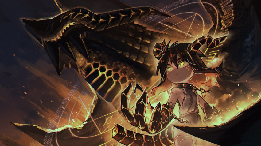 1girl brown_hair chain collar colored_inner_hair commentary cuffs dragon dragon_girl english_commentary hair_between_eyes highres horns looking_away magic_circle monster_girl multicolored_hair orange_hair paws porforever serious shackles solo two-tone_hair yellow_eyes