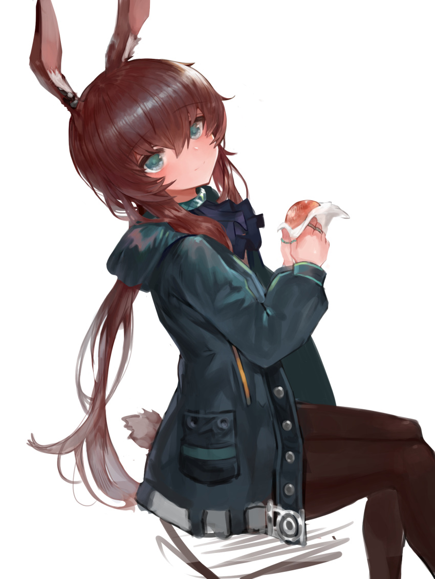 1girl amiya_(arknights) animal_ears arknights bangs blue_jacket blush brown_hair brown_legwear bunny_girl bunny_tail closed_mouth commentary_request dokomon eyebrows_visible_through_hair feet_out_of_frame food green_eyes hair_between_eyes highres holding holding_food hood hood_down hooded_jacket jacket korean_commentary long_hair long_sleeves looking_at_viewer looking_to_the_side open_clothes open_jacket pantyhose rabbit_ears sitting smile solo tail twintails very_long_hair white_background