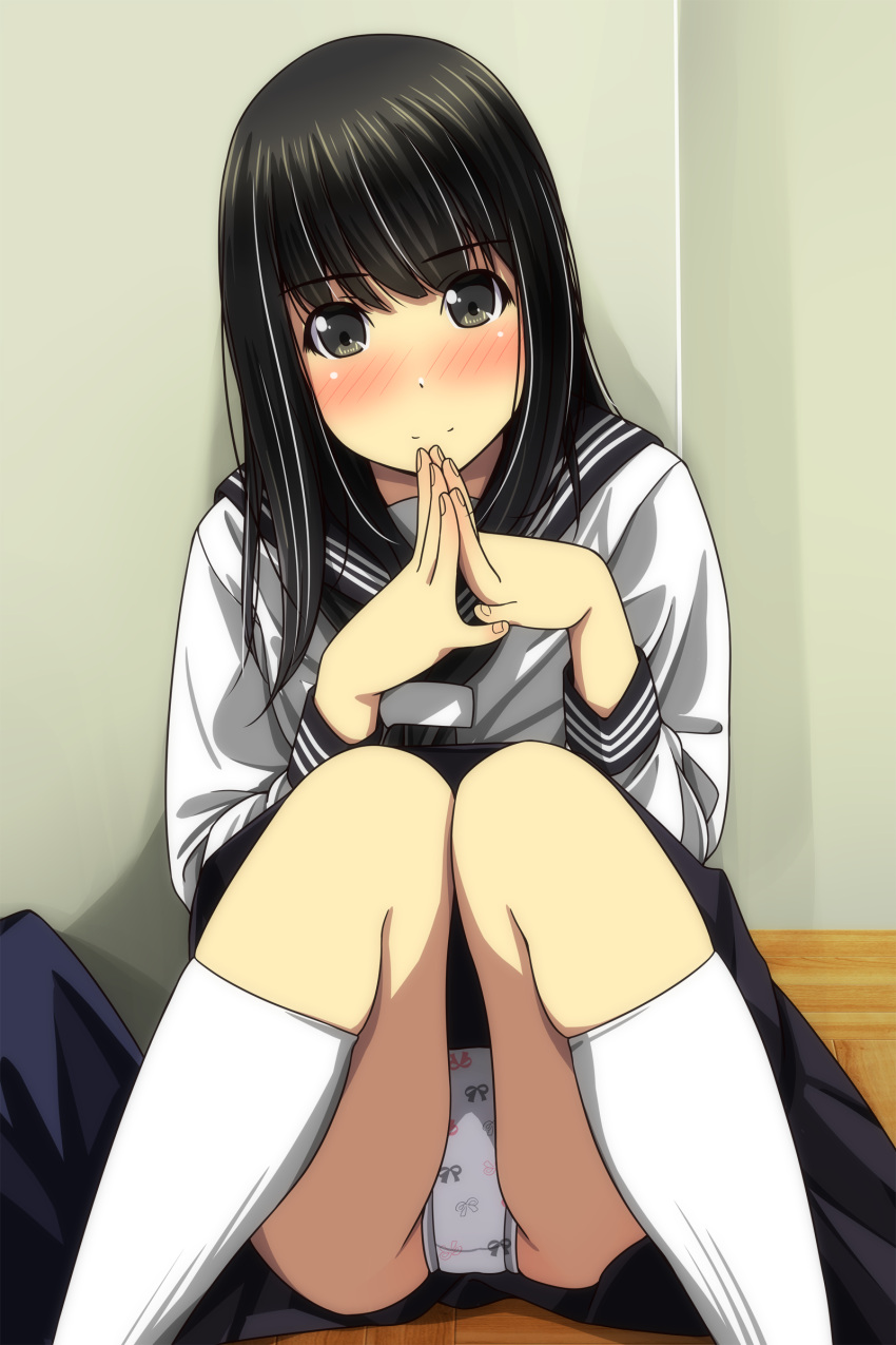 1girl absurdres bangs black_hair black_neckwear black_sailor_collar black_skirt blush bow_print brown_eyes closed_mouth eyebrows_visible_through_hair feet_out_of_frame hands_together hands_up highres kneehighs knees_together_feet_apart knees_up long_hair long_sleeves looking_at_viewer matsunaga_kouyou nose_blush on_floor original own_hands_together panties pleated_skirt print_panties sailor_collar school_uniform serafuku shirt sitting skindentation skirt smile solo underwear white_legwear white_panties white_shirt wooden_floor