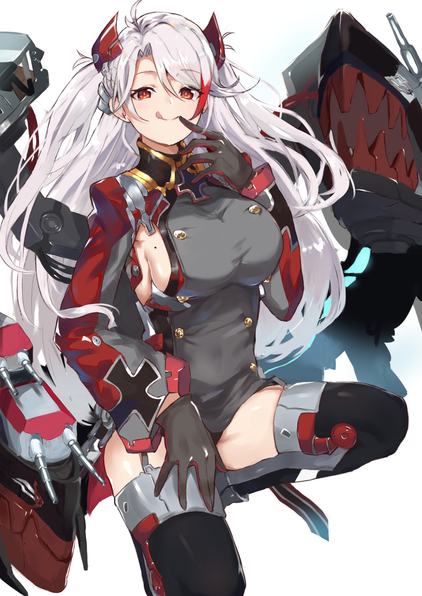 1girl :p absurdres antenna_hair azur_lane bangs black_gloves blush breasts brown_eyes buttons commentary_request eyebrows_visible_through_hair finger_in_mouth garter_straps gloves hair_between_eyes highres iron_cross large_breasts long_hair long_sleeves looking_at_viewer machinery mole mole_on_breast multicolored_hair pamdaudonn0331 prinz_eugen_(azur_lane) redhead sideboob silver_hair simple_background smile solo streaked_hair swept_bangs thigh-highs thighs tongue tongue_out turret two_side_up very_long_hair white_background