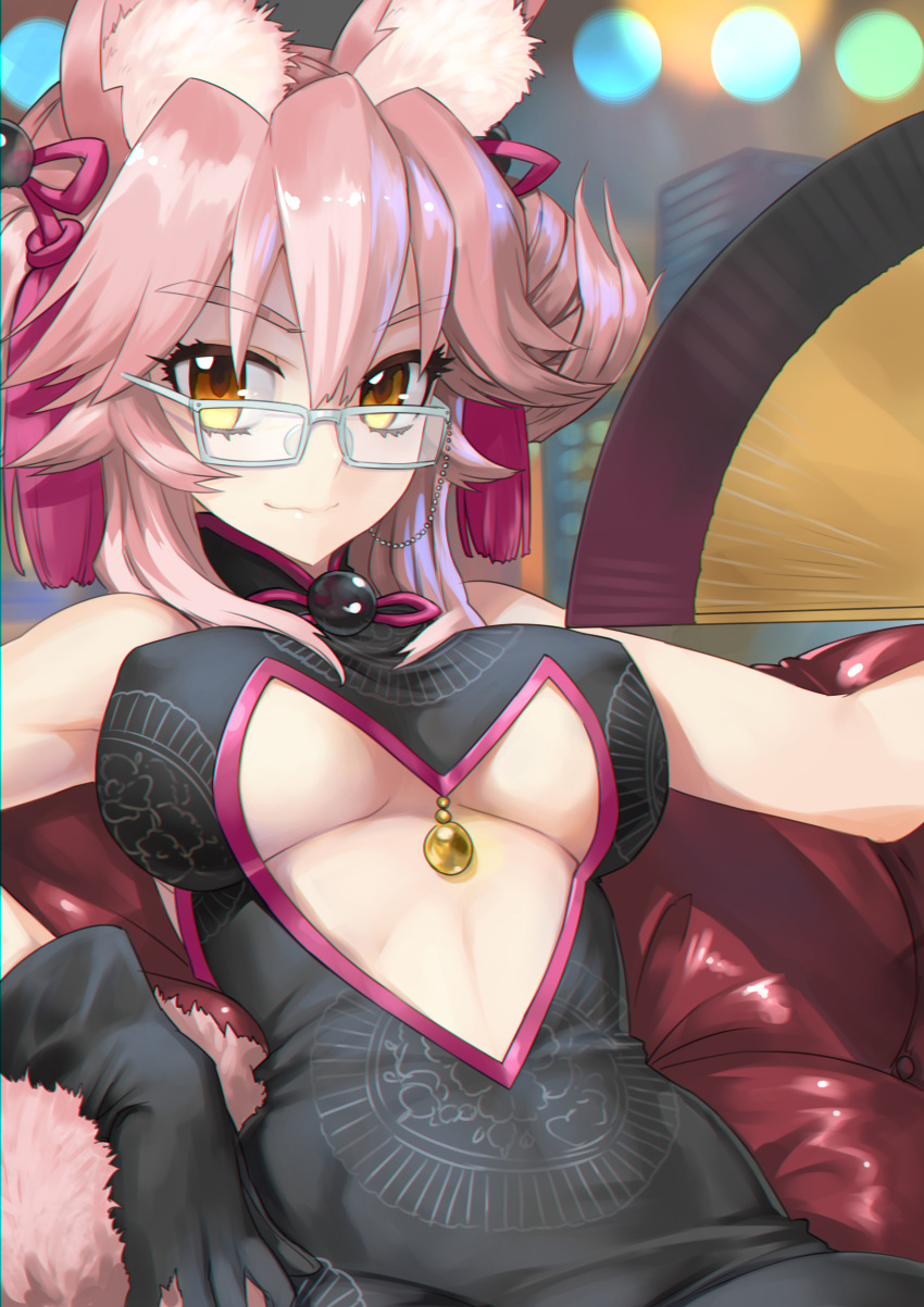 1girl absurdres animal_ear_fluff animal_ears bangs bare_shoulders bell black_dress black_gloves breasts center_opening china_dress chinese_clothes closed_mouth dress fan fate/grand_order fate_(series) folding_fan fox_ears fox_girl glasses gloves hair_between_eyes highres jingle_bell koyanskaya large_breasts long_hair looking_at_viewer ninnin_(shishitou) pink_hair sidelocks smile solo tassel tied_hair under_boob yellow_eyes