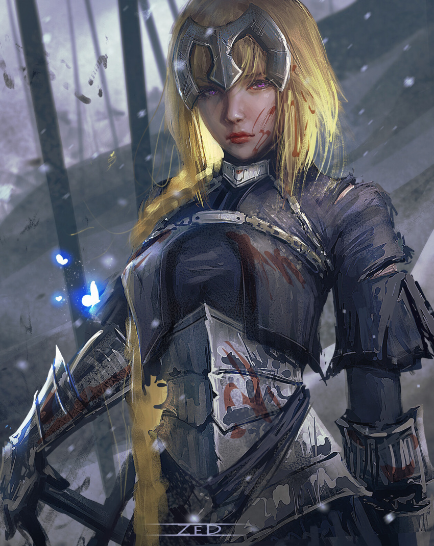 1girl arm_at_side armor armored_dress artist_name battlefield blonde_hair blood bloody_clothes blurry blurry_background braid bug butterfly fate/apocrypha fate_(series) gauntlets glowing glowing_butterfly highres insect jeanne_d'arc_(fate) jeanne_d'arc_(fate)_(all) looking_at_viewer realistic serious solo trungbui42 upper_body violet_eyes