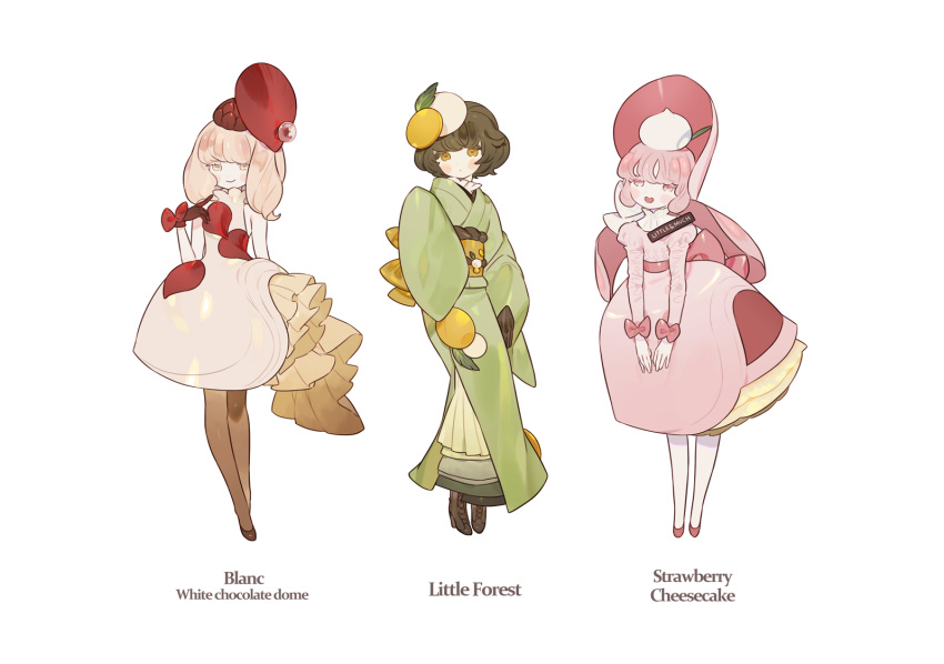 3girls :d back_bow bangs black_hair blunt_bangs blush_stickers boots bow brown_footwear brown_legwear chocolate closed_mouth dress food_themed_clothes food_themed_hair_ornament frills full_body gloves green_kimono gwayo hair_ornament japanese_clothes juliet_sleeves kimono leaning_forward long_sleeves looking_at_viewer multiple_girls open_mouth original pantyhose pink_bow pink_dress pink_eyes pink_hair puffy_sleeves red_footwear red_gloves sash shoes simple_background sleeveless sleeveless_dress smile white_background white_dress white_hair white_legwear yellow_eyes