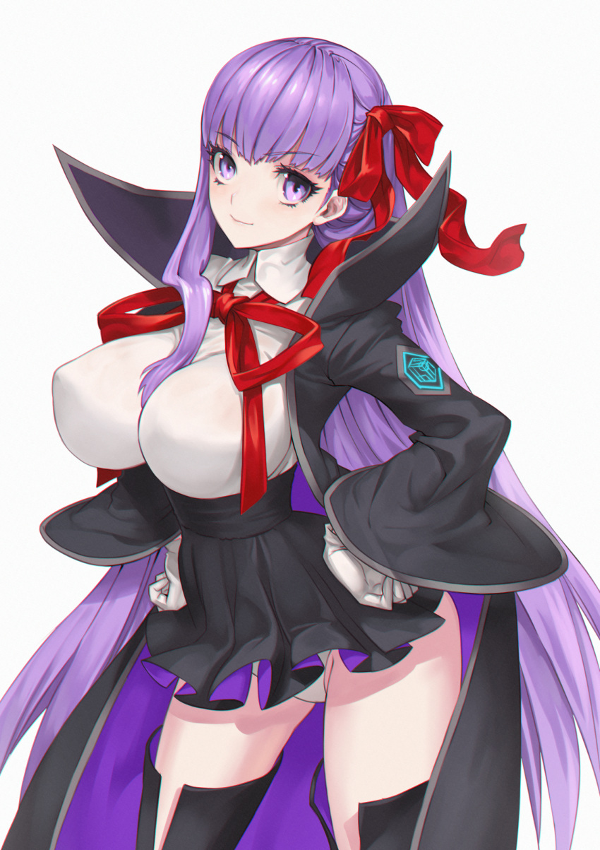 1girl bangs bb_(fate)_(all) bb_(fate/extra_ccc) black_footwear boots bow bowtie breasts closed_mouth commentary_request eyebrows_visible_through_hair fate/extra fate/extra_ccc fate/grand_order fate_(series) gloves hair_bow hands_on_hips high-waist_skirt highres large_breasts lips long_hair long_sleeves ninnin_(shishitou) panties purple_hair red_ribbon ribbon shiny shiny_hair simple_background skirt solo thigh-highs thigh_boots thigh_gap underwear violet_eyes white_background white_gloves white_panties wide_sleeves