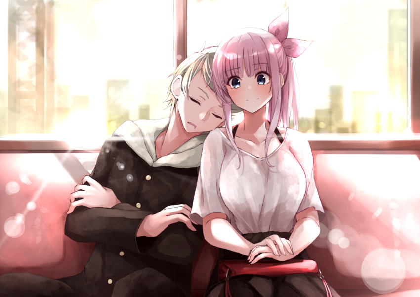 1boy 1girl bag bangs black_skirt blue_eyes blurry blurry_background busujima_eiji closed_eyes crossed_arms day fuu_(fuore) gakuran handbag hands_together highres lens_flare long_hair ootsuki_koto pink_hair school_uniform senryuu_shoujo shirt short_sleeves sitting skirt sleeping train_interior white_shirt