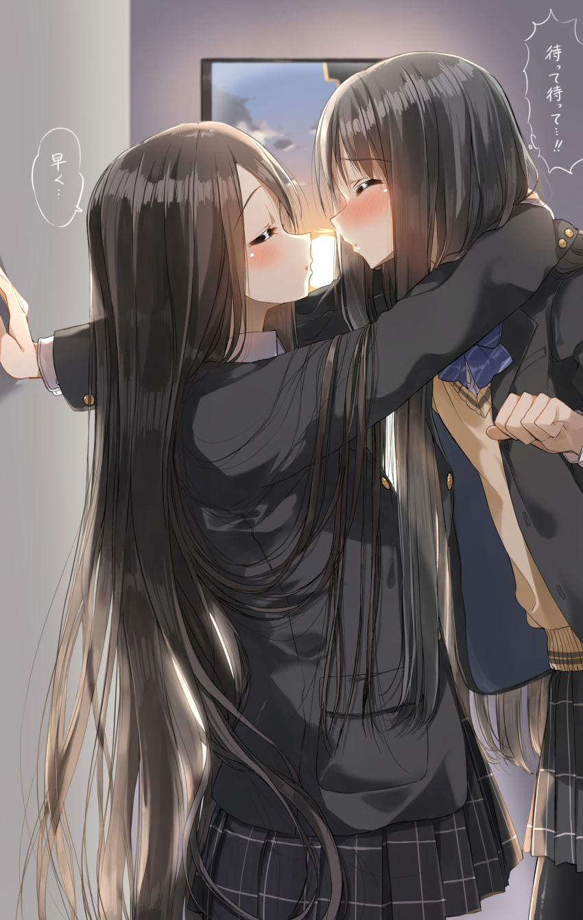 2girls :o arm_around_neck bangs black_hair black_jacket black_legwear black_skirt blazer blue_bow blurry blurry_background blush bow brown_sweater closed_eyes clouds cloudy_sky collared_shirt commentary_request depth_of_field dress_shirt eyebrows_visible_through_hair highres imminent_kiss indoors jacket long_hair long_sleeves multiple_girls open_blazer open_clothes open_jacket original pantyhose parted_lips pentagon_(railgun_ky1206) pleated_skirt profile school_uniform shirt skirt sky sun sunset sweater translated very_long_hair wall_slam white_shirt window yuri