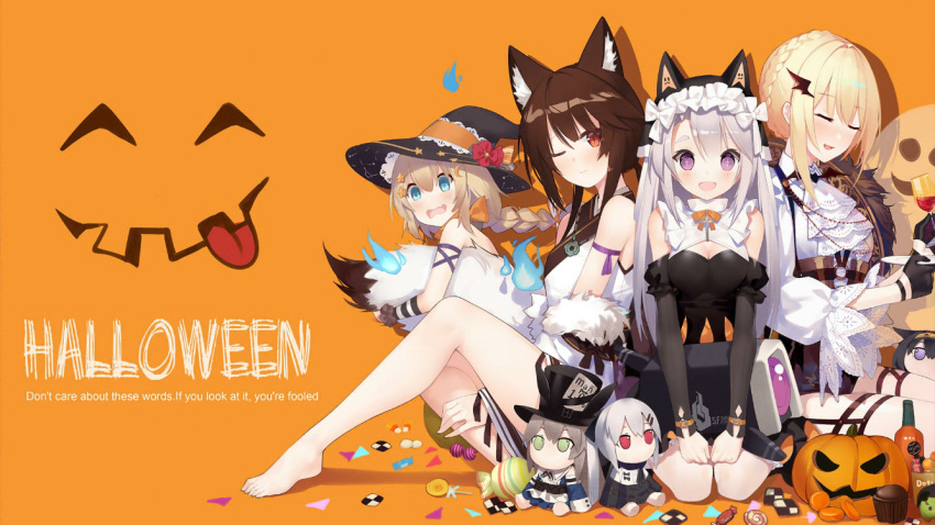 4girls animal_ears bottle cat_ears closed_eyes dinergate_(girls_frontline) doll english_text fake_animal_ears fnc_(girls_frontline) girls_frontline halloween halloween_costume hat iws-2000_(girls_frontline) jack-o'-lantern multiple_girls nun official_art one_eye_closed p7_(girls_frontline) pumpkin spitfire_(girls_frontline) tail top_hat type_79_(girls_frontline) vampire welrod_mk2_(girls_frontline) wine_bottle wolf_ears wolf_tail