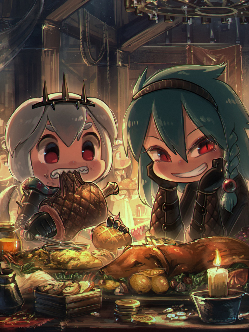 2girls animal_ears armor artist_name bangs beads black_gloves boned_meat bracer braid bread candle cecile_(porforever) chandelier chibi clenched_teeth coin commentary dog_ears dog_girl dog_tail eating english_commentary food food_on_face gloves green_hair grin hair_beads hair_between_eyes hair_ornament hairband highres indoors long_hair looking_at_viewer meat multiple_girls original porforever red_eyes rope sharp_teeth short_hair side_braid single_braid slit_pupils smile symbol_commentary tail tavern teeth v-shaped_eyebrows white_hair