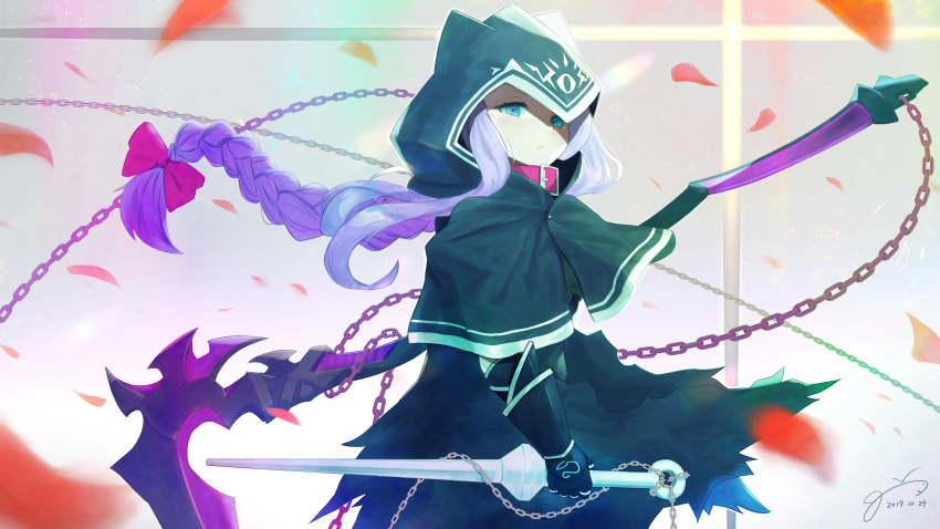 1girl 2019 absurdres black_cape black_capelet black_gloves blue_eyes bow braid cape capelet chain collar commentary_request dated expressionless fate/grand_order fate_(series) fingerless_gloves gloves hair_bow highres hood long_braid long_hair medusa_(lancer)_(fate) petals ponytail purple_hair ribbon rider scythe shaded_face signature solo very_long_hair weapon wind wind_lift yodaka