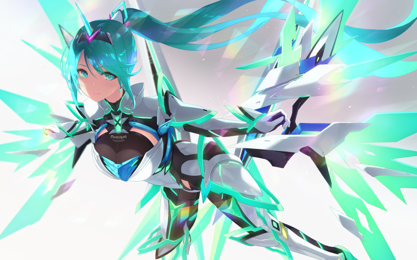 1girl armor armored_bodysuit bangs blush bodysuit breasts cait detached_wings earrings energy_wings floating_hair gem gloves hair_ornament headpiece highres jewelry large_breasts leaning_forward light_particles long_hair looking_at_viewer neon_trim pneuma_(xenoblade) ponytail sidelocks smile solo swept_bangs tiara very_long_hair wings xenoblade_(series) xenoblade_2