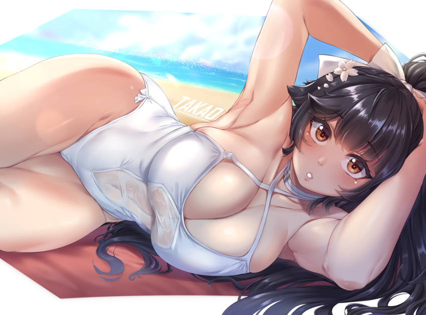 azur_lane bikini bow casual_one-piece_swimsuit criss-cross_halter flower hair_bow hair_flaps hair_flower hair_ornament halterneck moisture_(chichi) navel_cutout one-piece_swimsuit ponytail ribbon swimsuit takao_(azur_lane) takao_(beach_rhapsody)_(azur_lane) white_bikini white_bow white_ribbon white_swimsuit