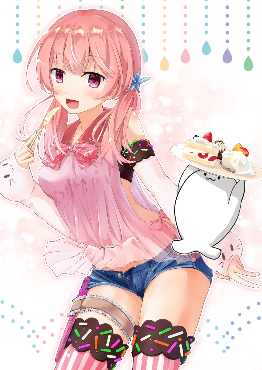 .live 1girl bangs blush breasts buttons cake cowboy_shot denim denim_shorts elbow_gloves fingerless_gloves food fork gloves hair_between_eyes hair_ornament highres holding holding_fork kitakami_futaba long_hair looking_at_viewer low_twintails medium_breasts namae_hamada open_clothes open_shorts pink_hair pink_shirt see-through shirt short_shorts shorts smile solo star star_hair_ornament strapless thigh-highs thigh_strap thighs tubetop twintails violet_eyes virtual_youtuber white_gloves