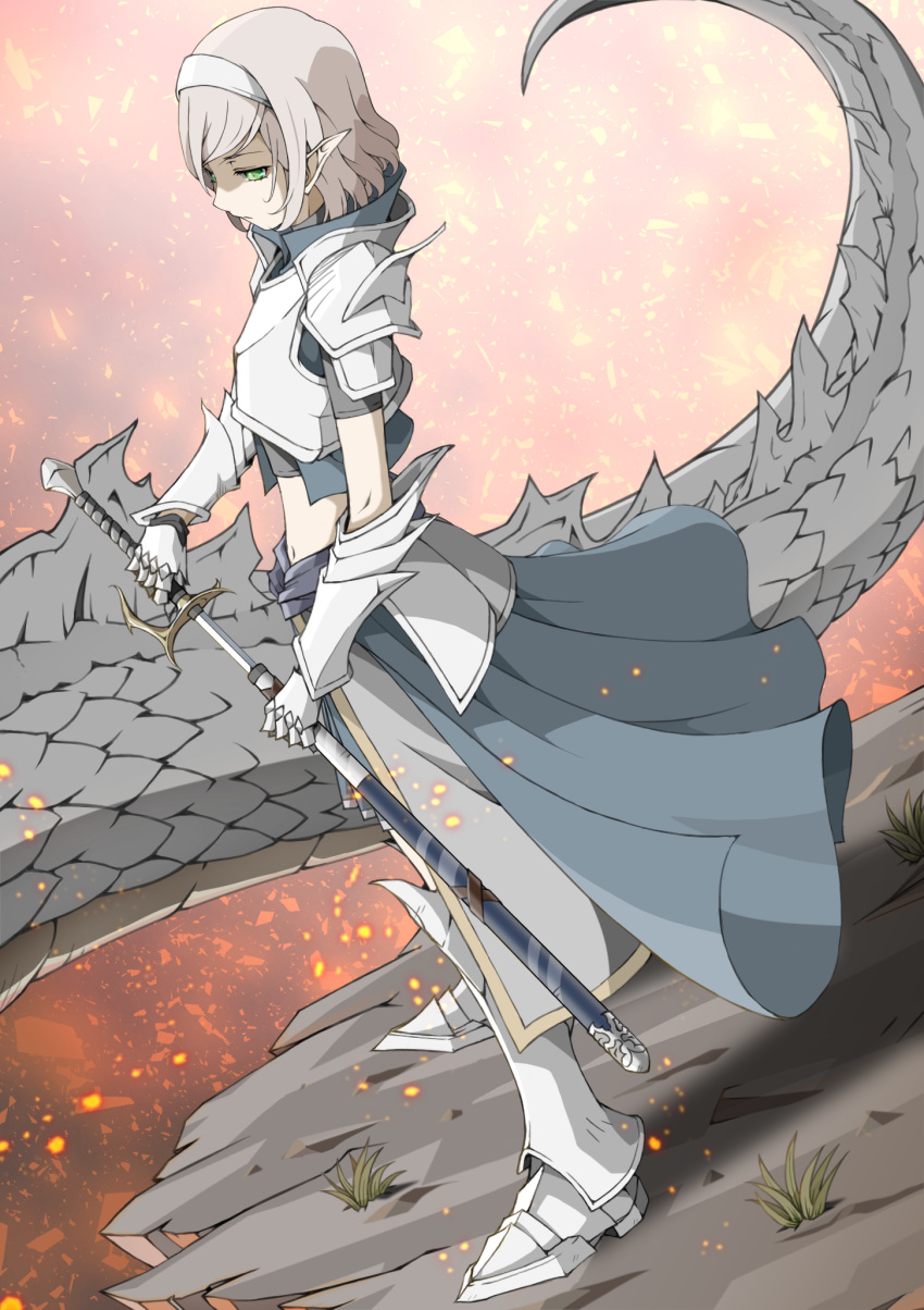 1girl armor armored_boots blonde_hair boots breastplate cliff dragon elf embers expressionless gauntlets grass green_eyes hairband half-closed_eyes highres midriff original pointy_ears rapier sheath shoulder_armor sword unsheathing user_yyzv8834 vambraces waist_cape weapon