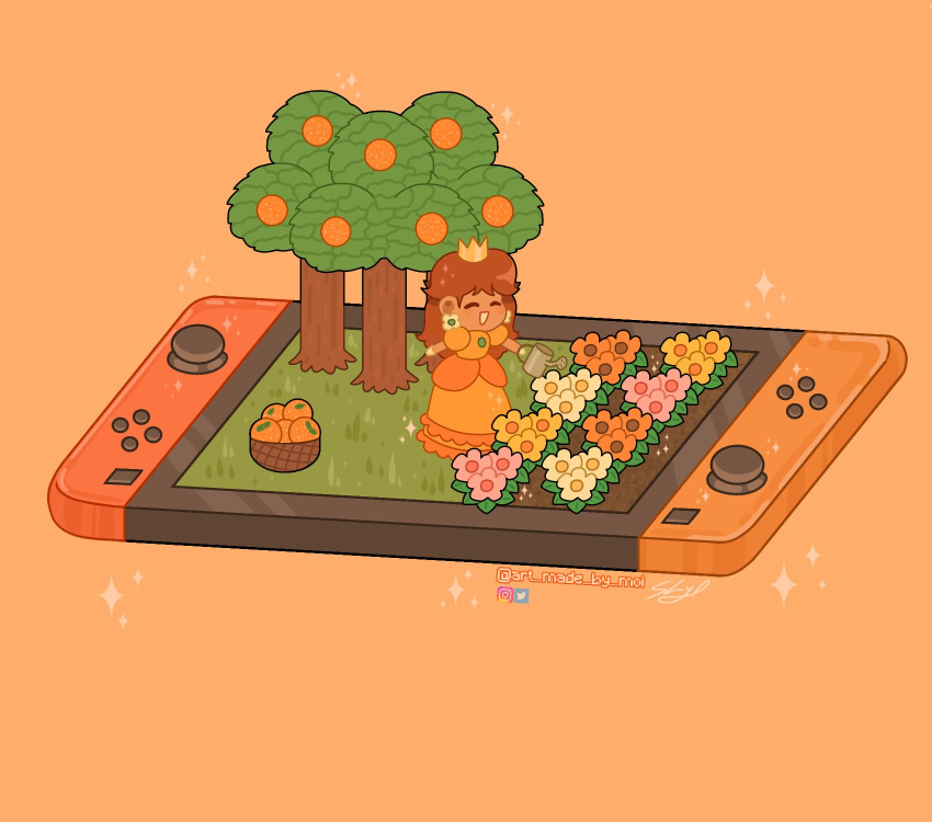 1girl artist_name artmadebymoi blue_eyes brown_hair chibi crown dress earrings flower food fruit garden happy highres holding holding_watering_can jewelry joy-con nintendo nintendo_switch orange_(fruit) orange_background orange_dress princess_daisy smile solo super_mario_bros. tree twitter_username watering_can