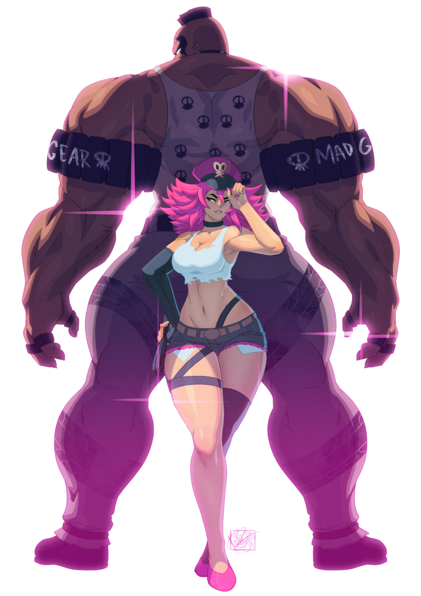 1boy 1girl abigail_(final_fight) armband back-to-back backlighting black_choker blue_eyes breasts choker collar crop_top crossed_legs curvy cutoffs denim denim_shorts elbow_gloves exposed_pocket flipped_hair gloves hat height_difference highres holding_whip jewelry large_breasts medium_hair mohawk muscle peaked_cap pink_hair poison_(final_fight) ring shorts single_elbow_glove single_thighhigh slender_waist spiked_collar spikes standing street_fighter street_fighter_v tank_top thick_thighs thigh-highs thighs tovio_rogers white_background