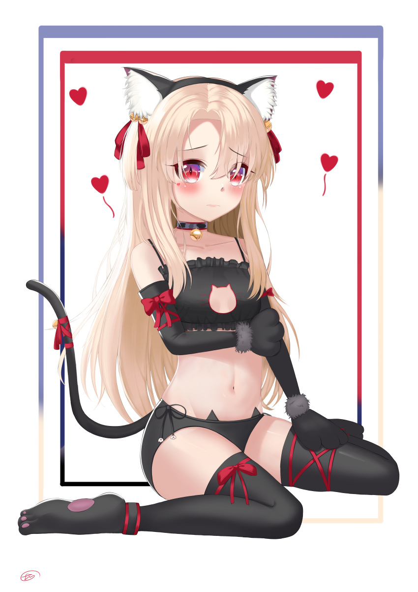 1girl absurdres animal_ears bare_shoulders black_legwear black_panties blonde_hair blush cat_cutout cat_ears cat_tail collarbone commentary_request fate/kaleid_liner_prisma_illya fate_(series) hair_ribbon heart highres illyasviel_von_einzbern long_hair looking_at_viewer navel panties red_eyes red_ribbon ribbon sitting solo tail thigh-highs tlgn001018 underwear