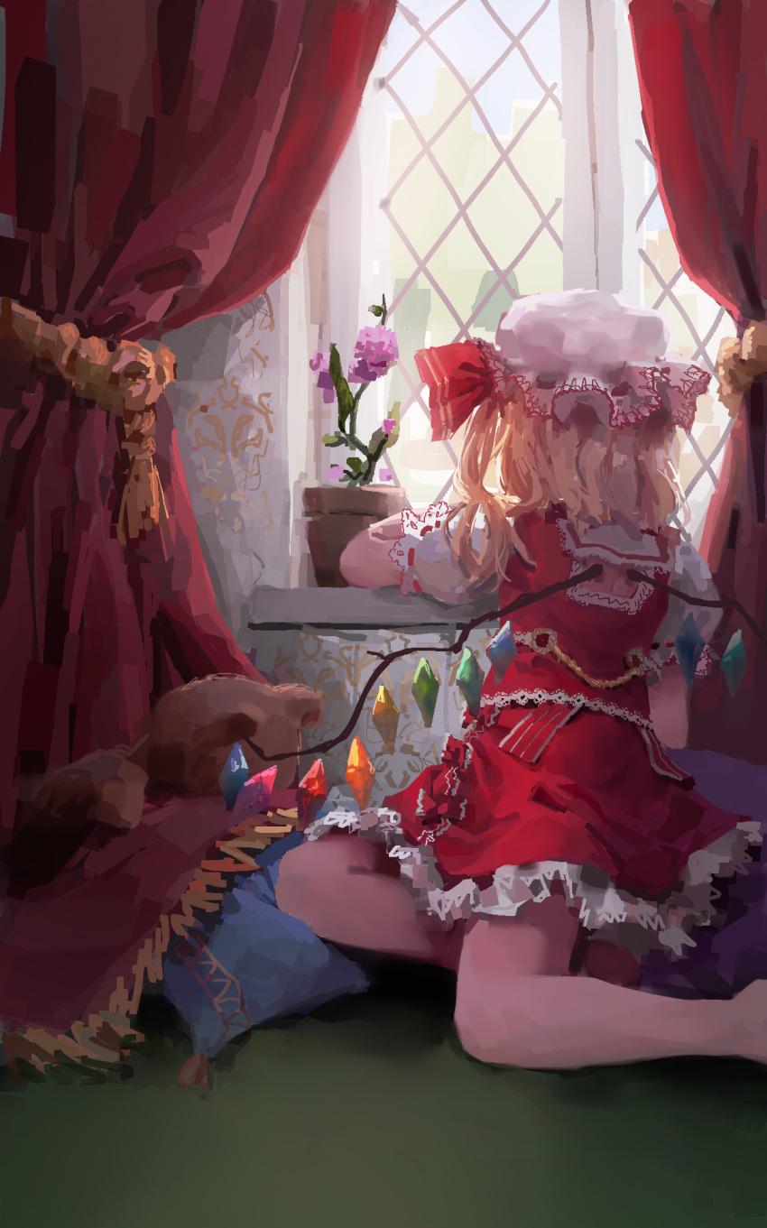 1girl barefoot blonde_hair carpet chain commentary curtains day faux_traditional_media flandre_scarlet flower from_behind hat hat_ribbon highres indoors looking_out_window mob_cap pillow plant potted_plant puffy_short_sleeves puffy_sleeves red_skirt red_vest reddizen ribbon shirt short_hair short_sleeves side_ponytail sitting skirt skirt_set solo touhou vest white_headwear white_shirt window windowsill wings yokozuwari