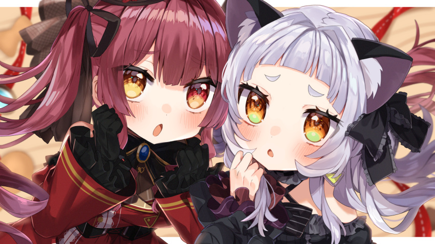 2girls animal_ear_fluff animal_ears bangs black_dress black_gloves black_ribbon blush cat_ears commentary_request dress eyebrows_visible_through_hair eyes_visible_through_hair frilled_ribbon frilled_sleeves frills gloves hair_ribbon heterochromia highres hololive houshou_marine long_hair long_sleeves looking_at_viewer multiple_girls murasaki_shion noi_mine open_mouth red_dress red_eyes redhead ribbon short_eyebrows silver_hair upper_body virtual_youtuber yellow_eyes