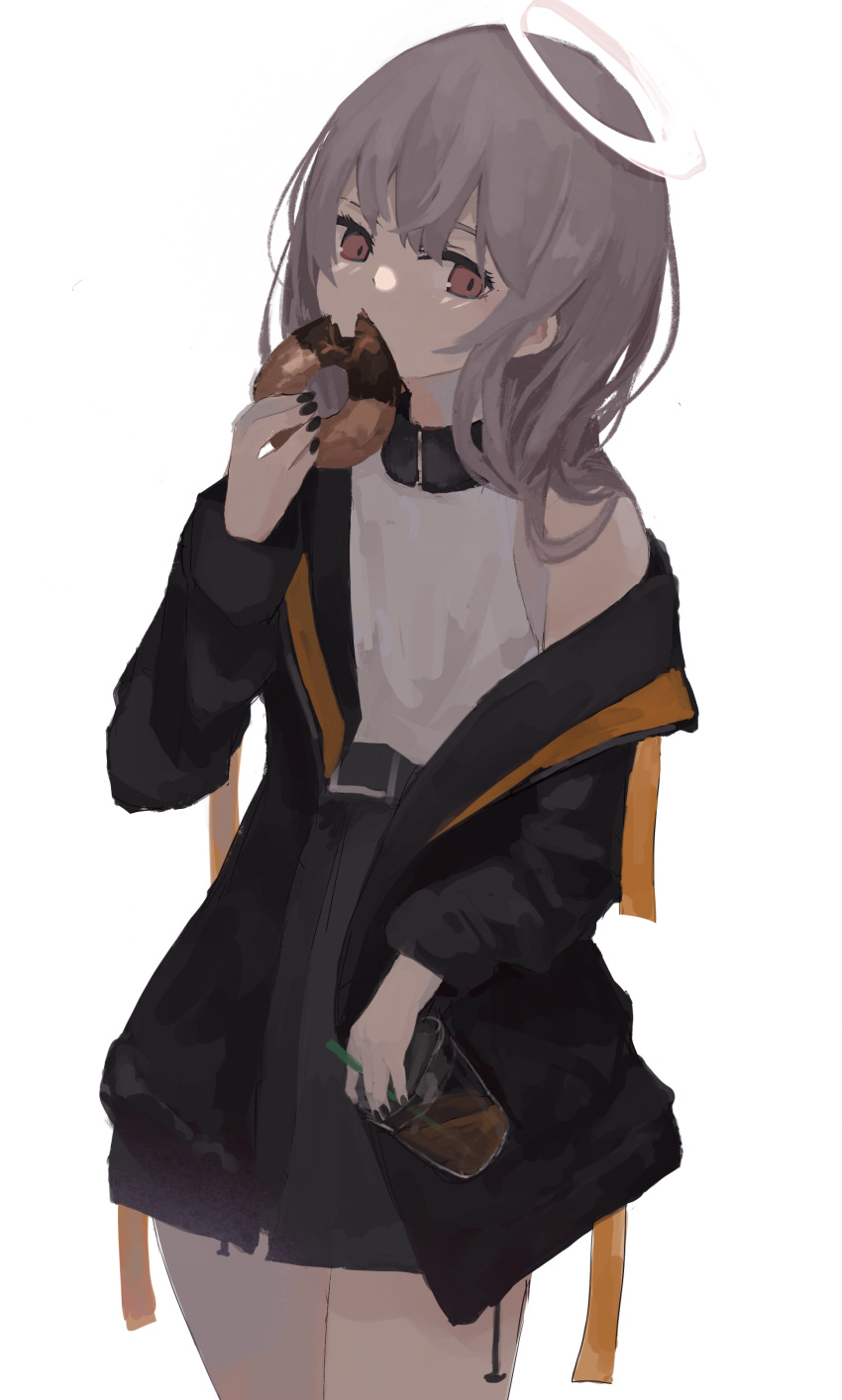 1girl absurdres bangs bare_shoulders black_jacket black_nails black_skirt cup disposable_cup doughnut drinking_straw food grey_hair hair_between_eyes halo hand_up highres holding holding_cup holding_food jacket long_hair long_sleeves looking_at_viewer nail_polish ogami_ren open_clothes open_jacket original parted_lips red_eyes shirt simple_background skirt sleeveless sleeveless_shirt solo white_background white_shirt