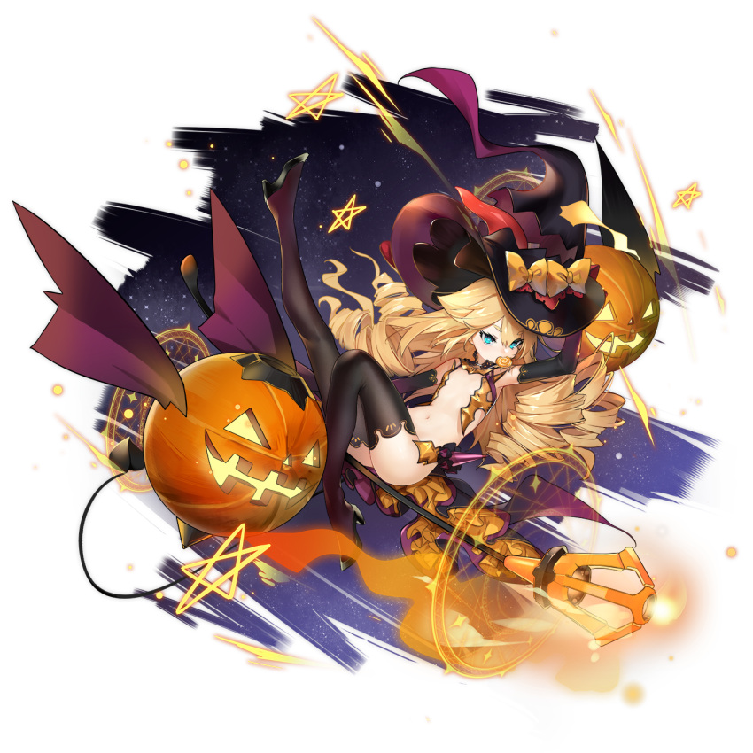 arm_up armpits artist_request ass azur_lane black_footwear black_gloves black_headwear black_legwear blonde_hair blue_eyes bow candy demon_tail drill_hair elbow_gloves flat_chest food gloves halloween hat high_heels highres jack-o'-lantern knee_up leg_up lollipop long_hair looking_at_viewer mouth_hold navel official_art quad_drills revealing_clothes smalley_(azur_lane) smalley_(candy_courier)_(azur_lane) staff star stomach swirl_lollipop tail thigh-highs transparent_background witch_hat yellow_bow