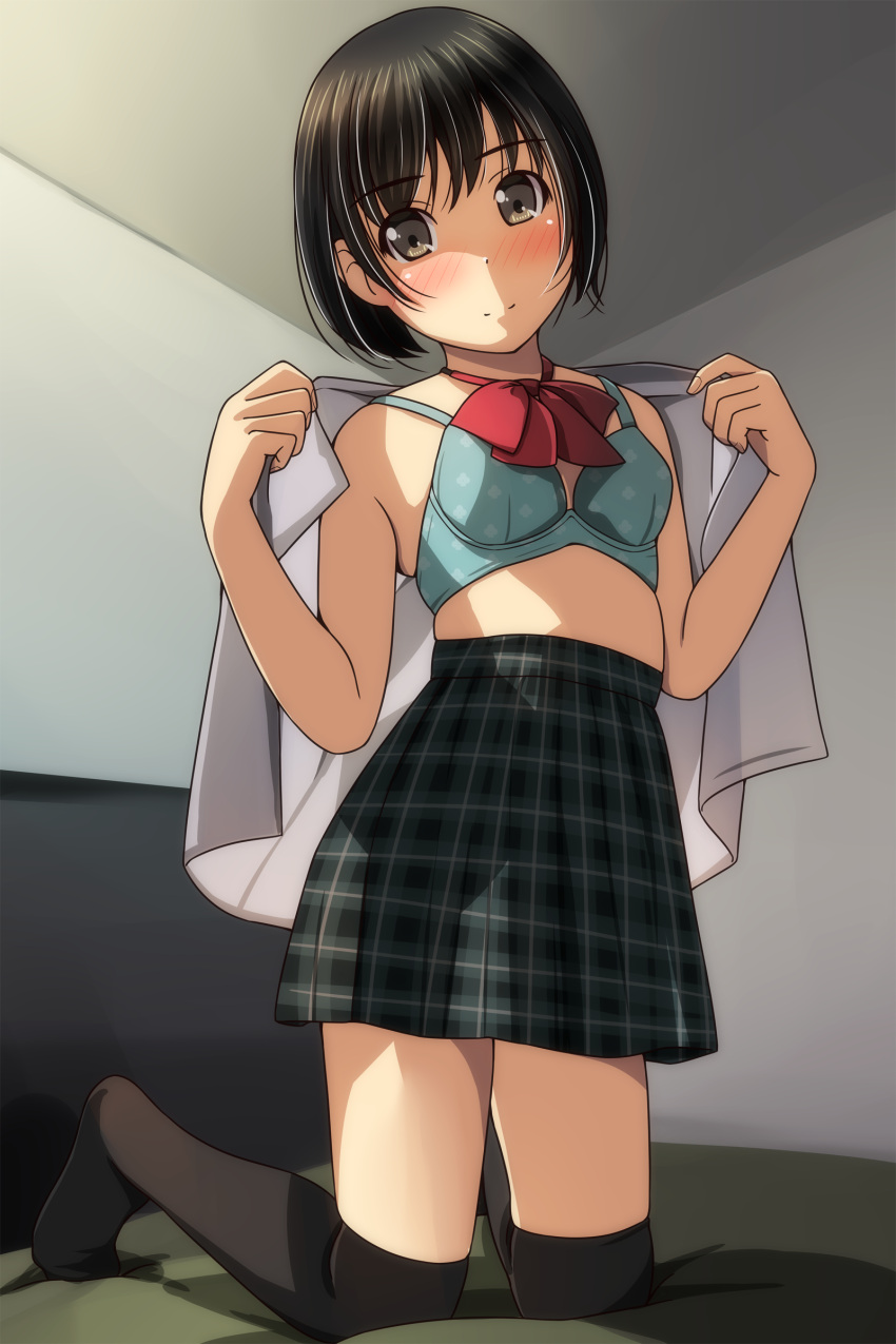 1girl absurdres bangs bare_arms bare_shoulders black_hair black_legwear blue_bra blush bow bra breasts brown_eyes closed_mouth eyebrows_visible_through_hair grey_skirt head_tilt highres kneeling looking_at_viewer matsunaga_kouyou no_shirt no_shoes nose_blush original plaid plaid_skirt pleated_skirt red_bow short_hair skirt small_breasts smile solo thigh-highs underwear