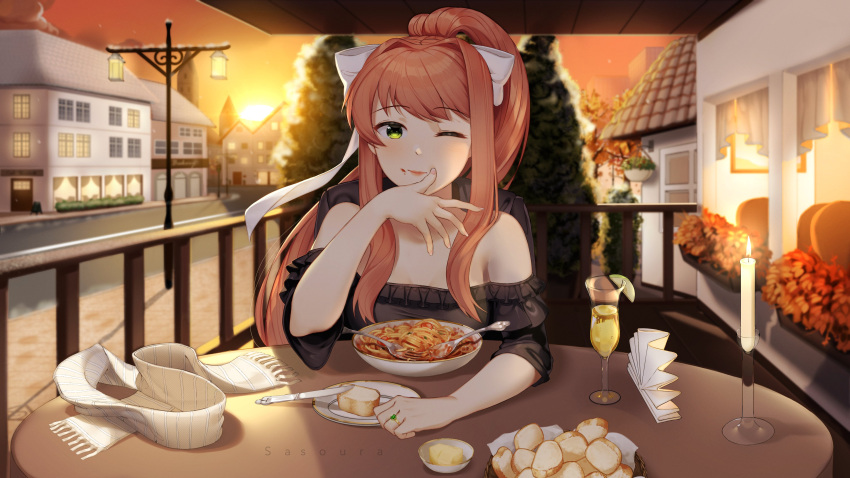 1girl absurdres artist_name bare_shoulders bowl bread brown_hair candle commentary doki_doki_literature_club dusk eating english_commentary eyebrows_visible_through_hair food food_on_face fork green_eyes hair_ribbon highres house jewelry knife lamppost long_hair looking_at_viewer monika_(doki_doki_literature_club) one_eye_closed outdoors pasta plate ponytail ribbon ring sasoura scarf scarf_removed sidelocks solo spaghetti spoon table tree white_ribbon white_scarf