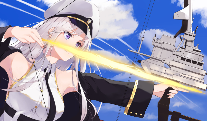 1girl absurdres armpits azur_lane bare_shoulders belt black_coat blue_sky bow bow_(weapon) breasts buttons clouds coat collared_shirt compound_bow day drawing_bow enterprise_(azur_lane) fuji_dorokai hat highres large_breasts long_hair long_sleeves looking_away military_hat necktie open_clothes open_coat peaked_cap shirt sidelocks sky sleeveless sleeveless_shirt smile solo violet_eyes weapon white_hair white_headwear white_shirt