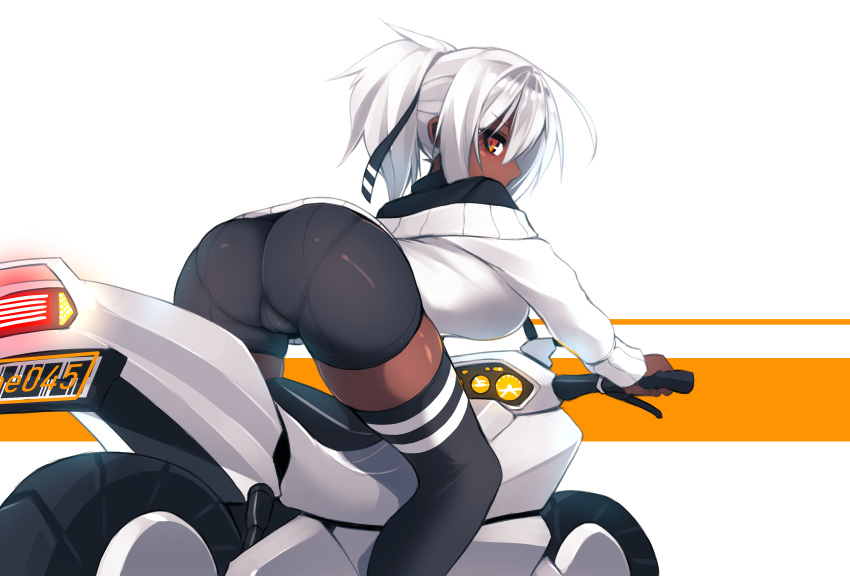 1girl alternate_costume alternate_hairstyle bike_shorts bodysuit bodysuit_under_clothes commentary dark_skin from_behind grey_hair ground_vehicle hair_ribbon hairband highres motor_vehicle motorcycle original ponytail ribbon simple_background sub-res sweater thigh-highs two-tone_background two-tone_gloves white_sweater