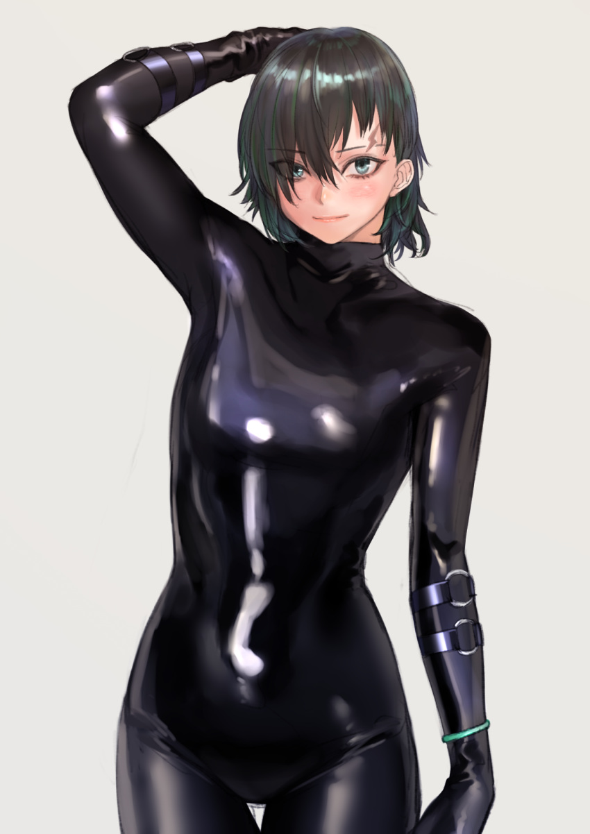 1girl bodysuit breasts gloves green_eyes green_hair hand_on_head highres kilye_4421 latex latex_bodysuit light_blush light_smile looking_at_viewer medium_breasts original scar short_hair simple_background skin_tight