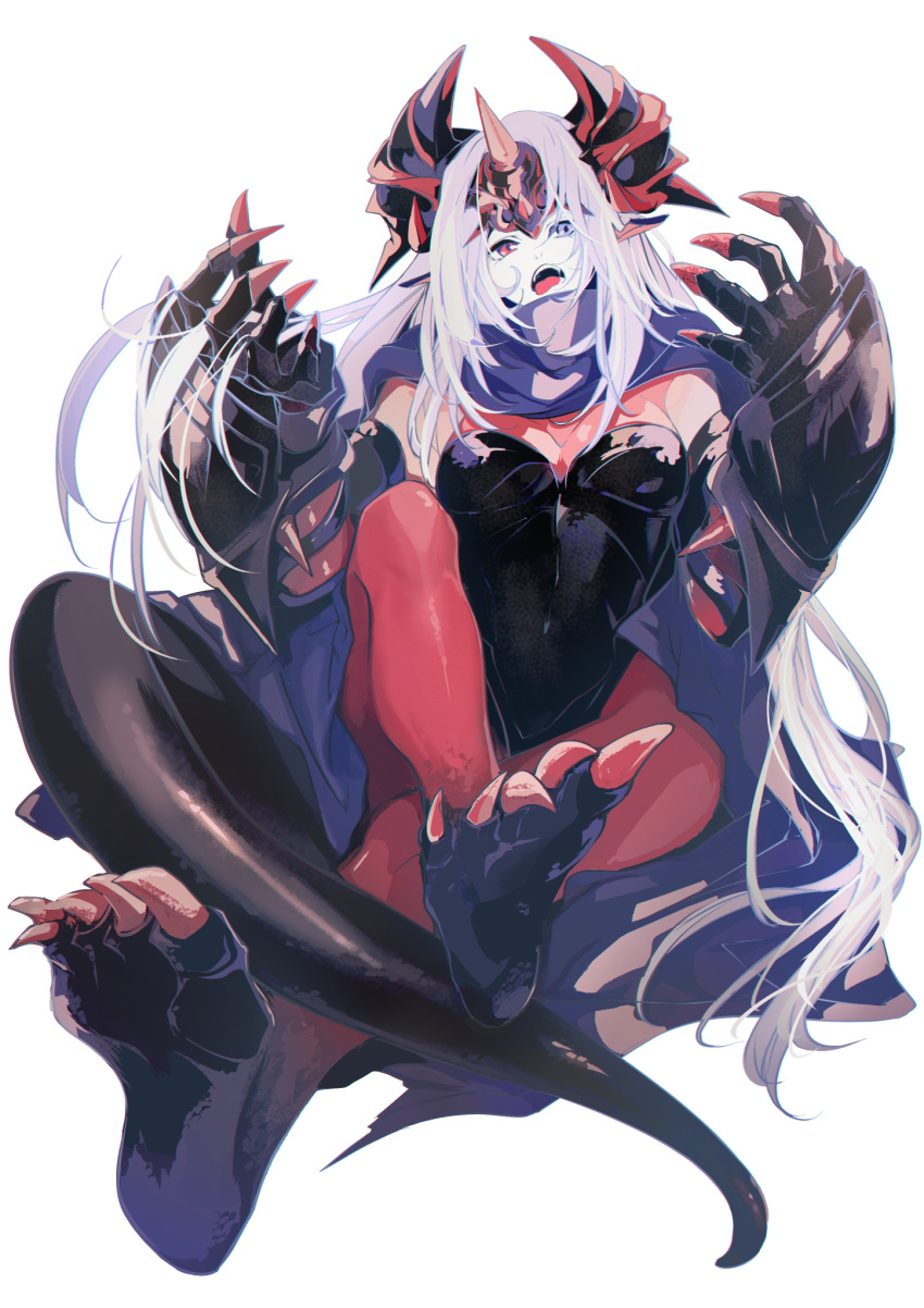 1girl an'ninsou armor blue_cape breasts cape claws covered_navel fangs headwear heterochromia highres horns long_hair open_mouth original pointy_ears red_eyes red_legwear sol tail tongue tongue_out violet_eyes white_hair yumitoriaoi