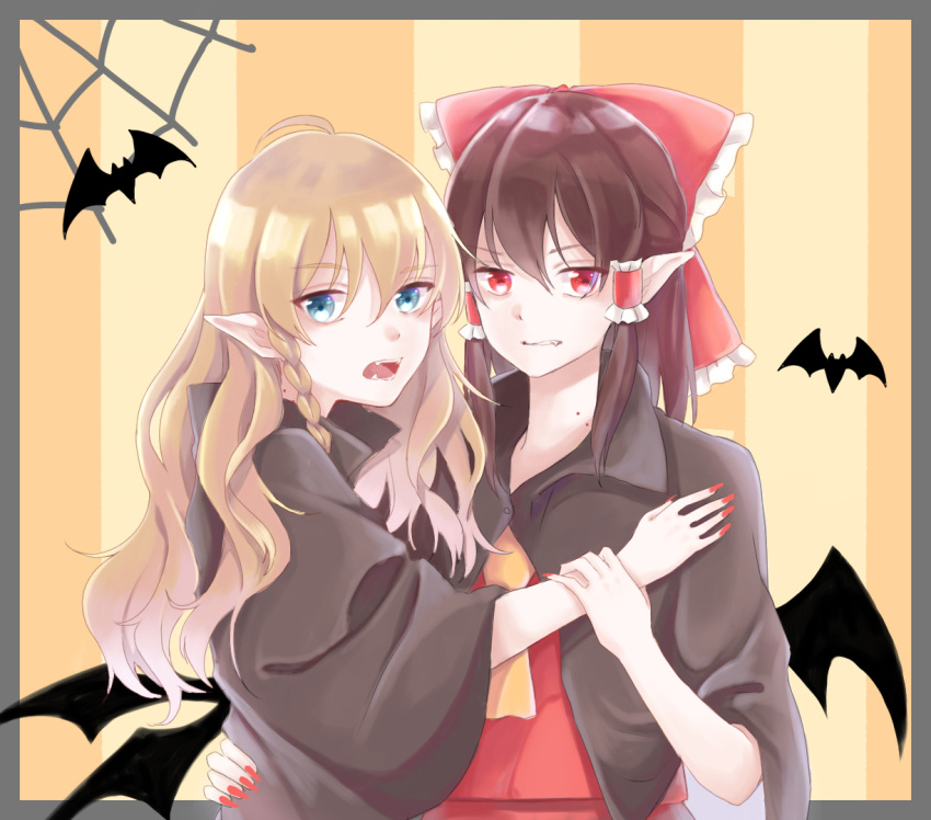 2girls ahoge akatsuki_(osamaru36) alternate_eye_color bat bat_wings bite_mark black_border black_cape blonde_hair blue_eyes border bow brown_hair cape commentary_request cravat eyebrows_visible_through_hair fangs fingernails hair_between_eyes hair_bow hair_tubes hakurei_reimu halloween hand_on_another's_back hand_on_another's_chest kirisame_marisa long_hair looking_at_viewer multiple_girls open_mouth pointy_ears red_eyes red_nails red_skirt red_vest sharp_fingernails short_hair sidelocks silk skirt sneer spider_web striped striped_background teeth touhou upper_body vampire vertical-striped_background vertical_stripes very_long_hair vest wings wrist_grab yellow_background yellow_neckwear