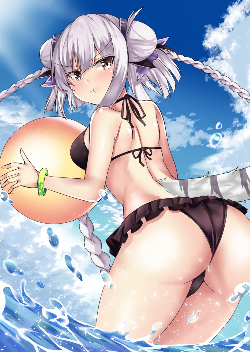 1girl :t absurdres ass ball bangs beachball bikini black_bikini blue_sky blush braid breasts brown_eyes closed_mouth clouds day double_bun eyebrows_visible_through_hair frilled_bikini frills hair_between_eyes haku_(p&amp;d) halter_top halterneck highres holding holding_ball leaning_forward long_hair looking_at_viewer looking_back medium_breasts outdoors pout puzzle_&amp;_dragons setu_(shining12) silver_hair sky solo standing striped_tail swimsuit tail tiger_tail twin_braids v-shaped_eyebrows very_long_hair water water_drop