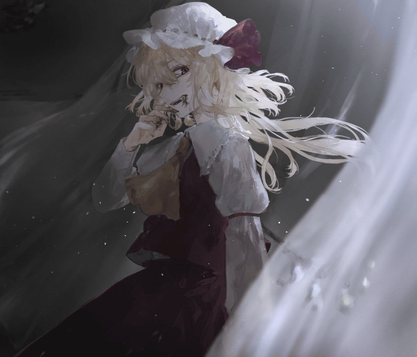 1girl ascot bangs blonde_hair blood blood_on_face bloody_hands crystal curtains fang flandre_scarlet frills hair_between_eyes hat hat_ribbon highres isshin_(kaxz) long_hair long_sleeves mob_cap red_eyes red_skirt red_vest ribbon skirt skirt_set solo teeth touhou vest wings yellow_neckwear