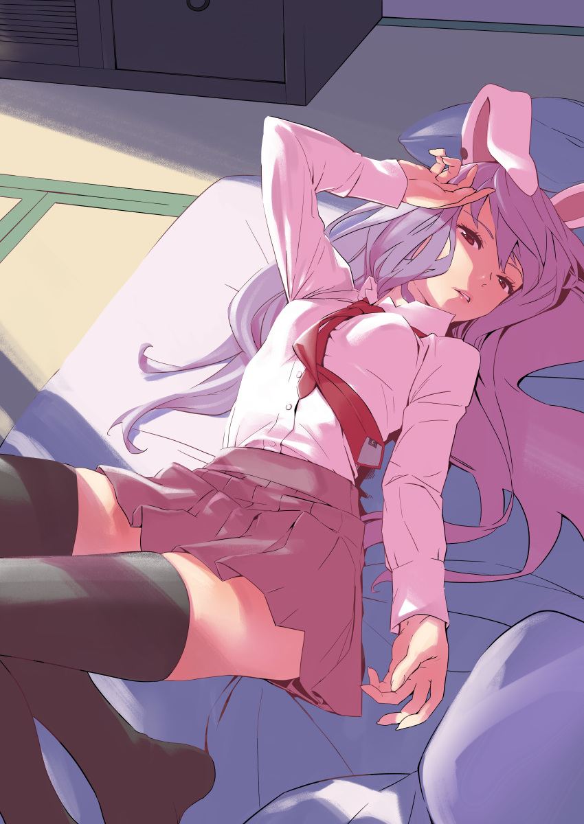 1girl absurdres animal_ears arm_up bangs black_legwear feet_out_of_frame futon highres huge_filesize indoors kawayabug long_hair long_sleeves looking_at_viewer lying miniskirt necktie no_shoes on_back parted_lips pillow pink_lips pleated_skirt purple_hair purple_skirt rabbit_ears red_eyes red_neckwear reisen_udongein_inaba skirt solo tatami thigh-highs thighs touhou zettai_ryouiki