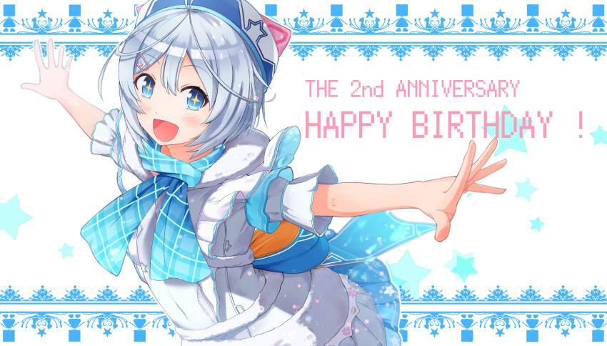 +_+ 1girl :d antenna_hair bangs blue_eyes blurry blush dennou_shoujo_youtuber_shiro depth_of_field dress eyebrows_visible_through_hair happy_birthday highres looking_at_viewer namae_hamada open_mouth scarf shiro_(dennou_shoujo_youtuber_shiro) short_hair short_sleeves silver_hair simple_background smile solo upper_body virtual_youtuber white_background white_dress