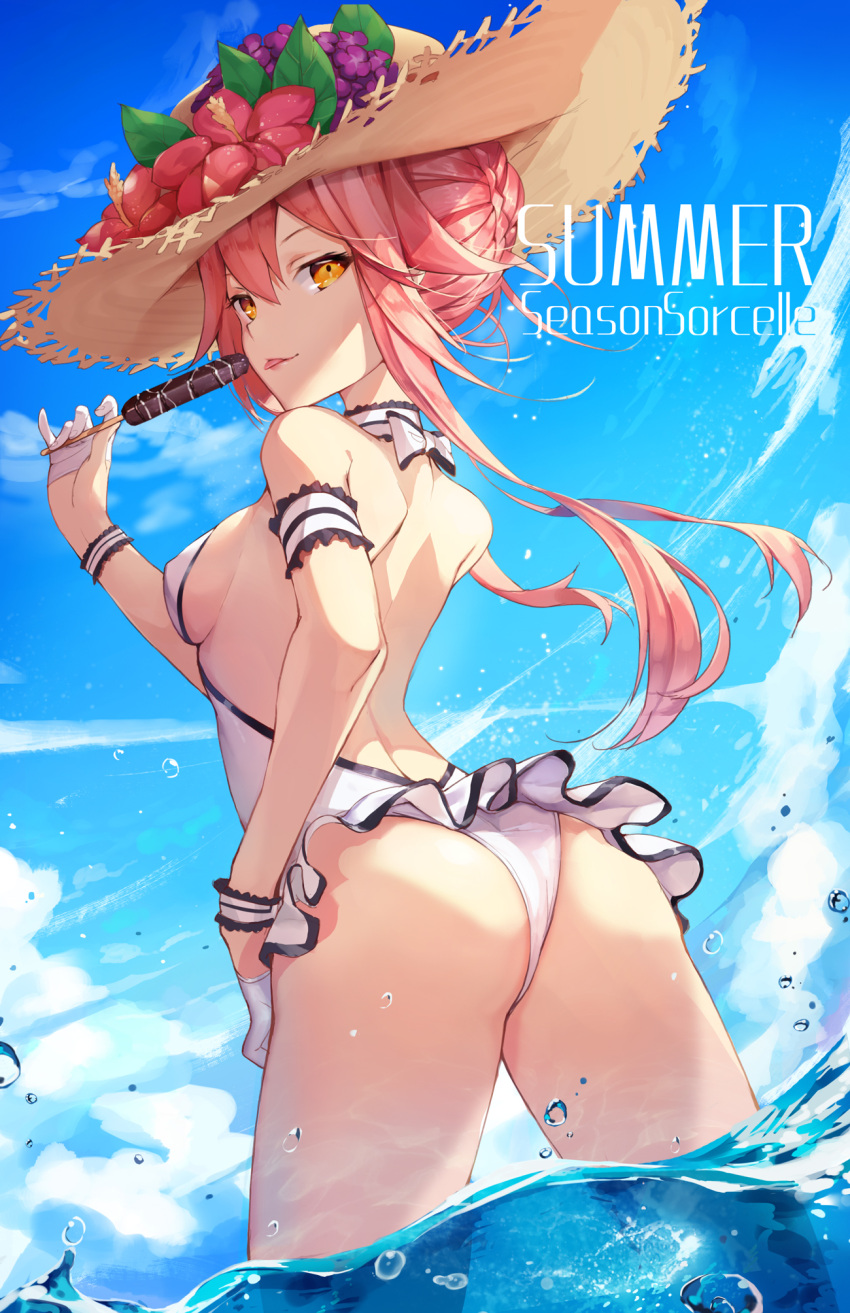 1girl am1m ass back bikini braid braided_bun brave_girl_ravens breasts cowboy_shot english_text flower gloves hat highres holding pink_hair sideboob sidelocks small_breasts solo sorcelle straw_hat swimsuit tongue wading water white_gloves yellow_eyes