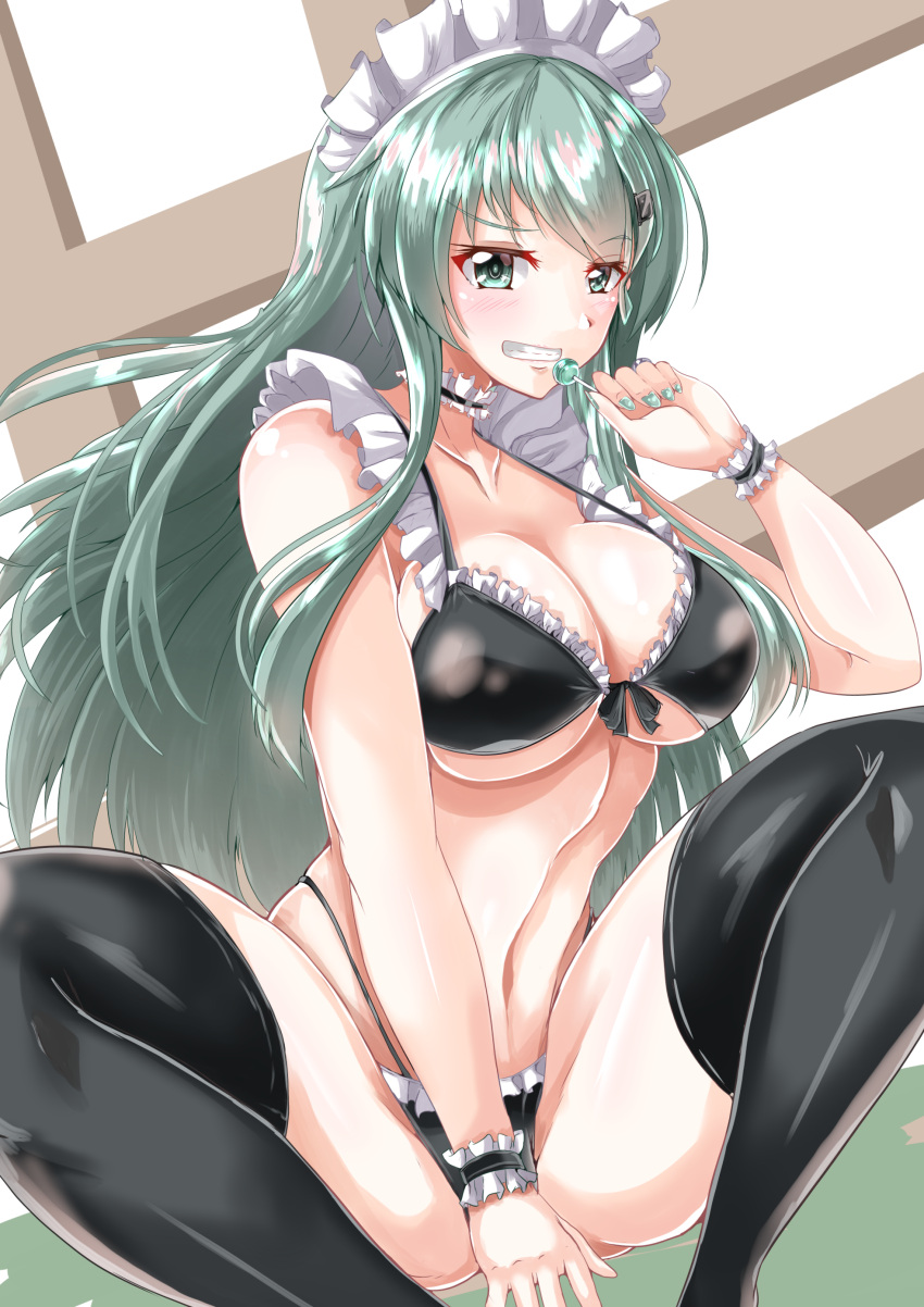 1girl absurdres alternate_costume aqua_eyes aqua_hair bikini black_legwear blush breasts candy eyebrows_visible_through_hair food hair_between_eyes hair_ornament hairclip highres kantai_collection kentan_(kingtaiki) large_breasts lollipop long_hair looking_at_viewer maid_bikini maid_headdress navel smile solo suzuya_(kantai_collection) swimsuit thigh-highs