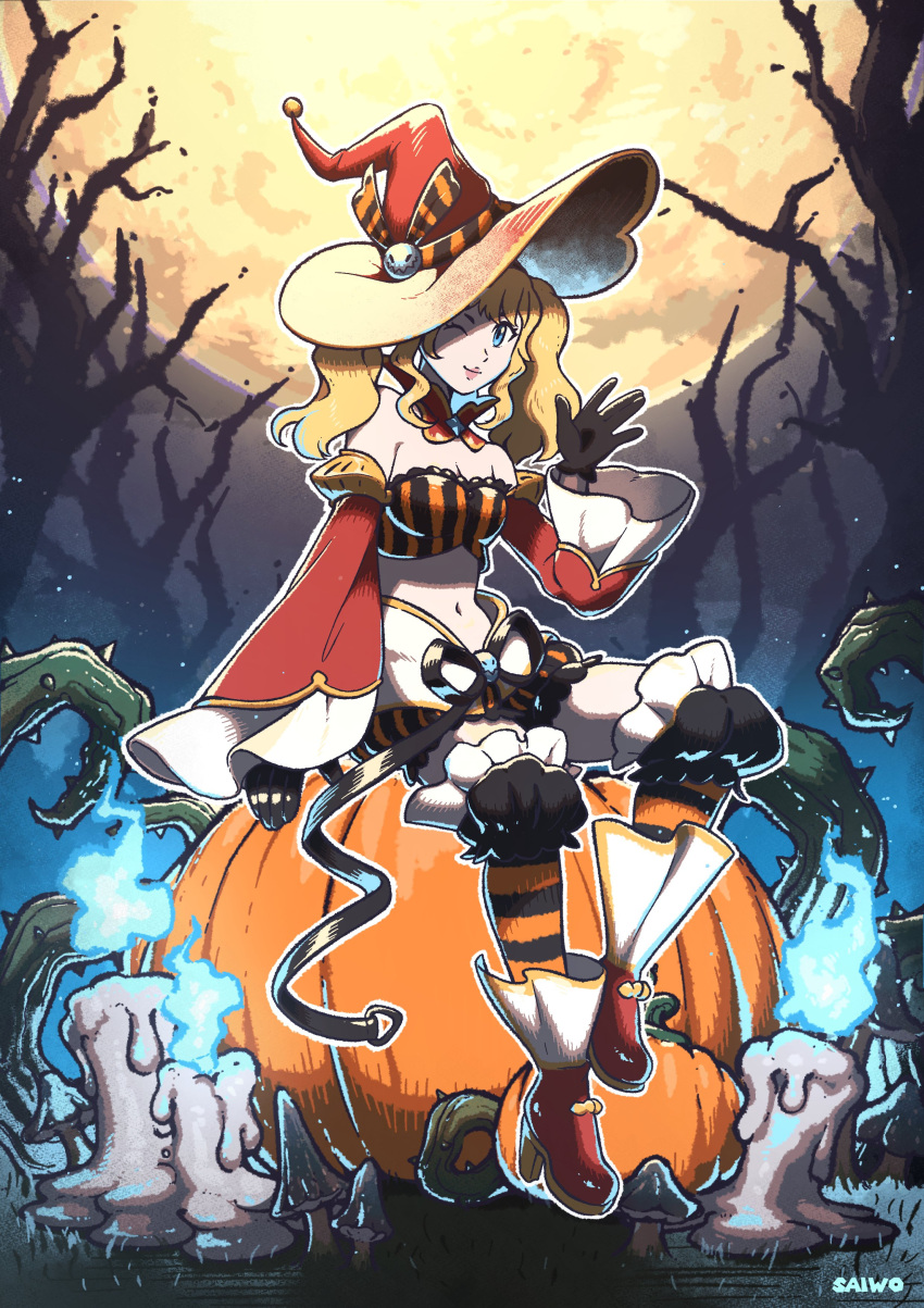 absurdres artist_name bare_tree black_bow black_bra black_socks blonde_hair blue_eyes boots bow bra candle detached_collar detached_sleeves fire full_body full_moon granblue_fantasy hat high_heel_boots high_heels highres looking_at_viewer midriff moon navel night official_alternate_costume one_eye_closed orange_bra orange_socks outdoors pumpkin red_footwear red_headwear red_sleeves saiwo_(saiwoproject) short_twintails sitting socks solo striped striped_bra striped_socks tree twintails two-tone_bra two-tone_socks underwear watermark wide_sleeves witch_hat zeta_(granblue_fantasy) zeta_(halloween)_(granblue_fantasy)