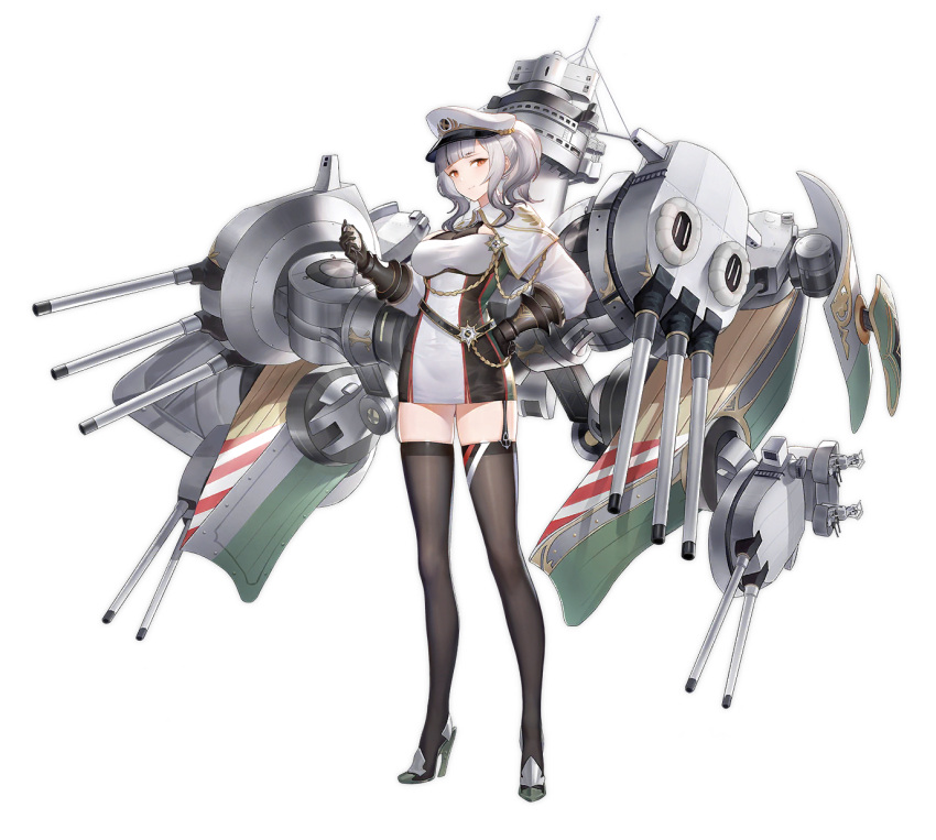 1girl artist_request azur_lane bangs black_legwear blunt_bangs breasts cannon capelet character_name compass dress expressions full_body garter_straps gauntlets giulio_cesare_(azur_lane) grey_hair gujianshaonv hand_on_hip hand_up hat high_collar high_heels highres holding_compass large_breasts looking_at_viewer medal medium_hair official_art peaked_cap red_eyes rigging rudder_footwear short_dress sidelocks smile solo taut_clothes taut_dress thigh-highs turret twintails watermark weibo_username