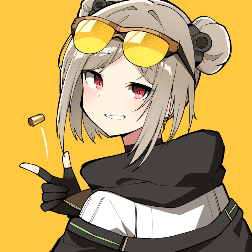 1girl bangs black_gloves brown_hair colored_lenses double_bun eyebrows_visible_through_hair eyewear_on_head girls_frontline gloves grin highres junsuina_fujunbutsu looking_at_viewer looking_back orange-tinted_eyewear orange_background p90_(girls_frontline) partly_fingerless_gloves red_eyes shell_casing short_hair simple_background smile solo sunglasses teeth tinted_eyewear