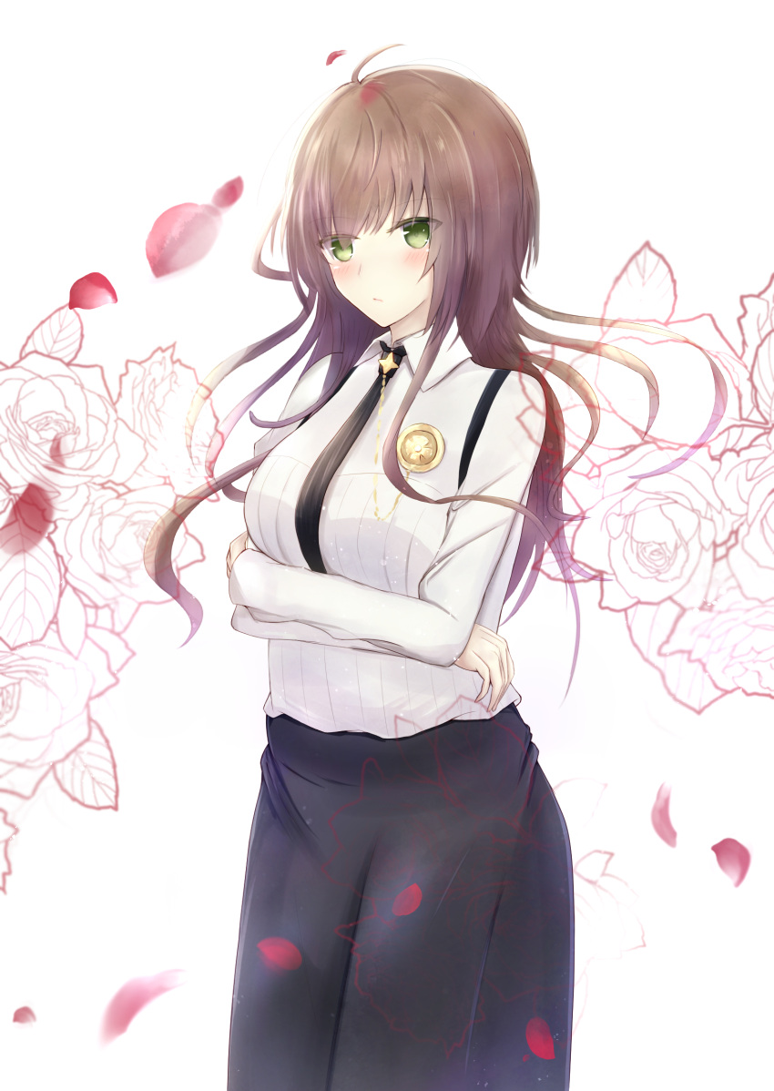 1girl badge black_neckwear black_skirt blush brown_hair collar_x_malice crossed_arms fegod6666 floral_background green_eyes highres hoshino_ichika long_hair long_skirt looking_at_viewer necktie petals ribbed_shirt shirt skirt solo standing white_background white_shirt