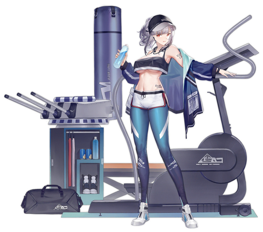 1girl alternate_costume angry armpits artist_request azur_lane bag bangs baseball_cap blue_jacket blue_legwear blunt_bangs body_writing bottle breasts cannon character_name clothes_writing covered_nipples crop_top crop_top_overhang duffel_bag earphones exercise_machine expressions full_body giulio_cesare_(azur_lane) giulio_cesare_(fitness_master)_(azur_lane) gradient gradient_legwear grey_hair gujianshaonv hat highres holding holding_bottle jacket large_breasts looking_at_viewer multicolored multicolored_clothes multicolored_legwear navel official_art pantyhose ponytail red_eyes shoes short_shorts shorts sidelocks sleeveless sneakers solo stomach toned turret under_boob watermark wavy_hair white_shorts wristband